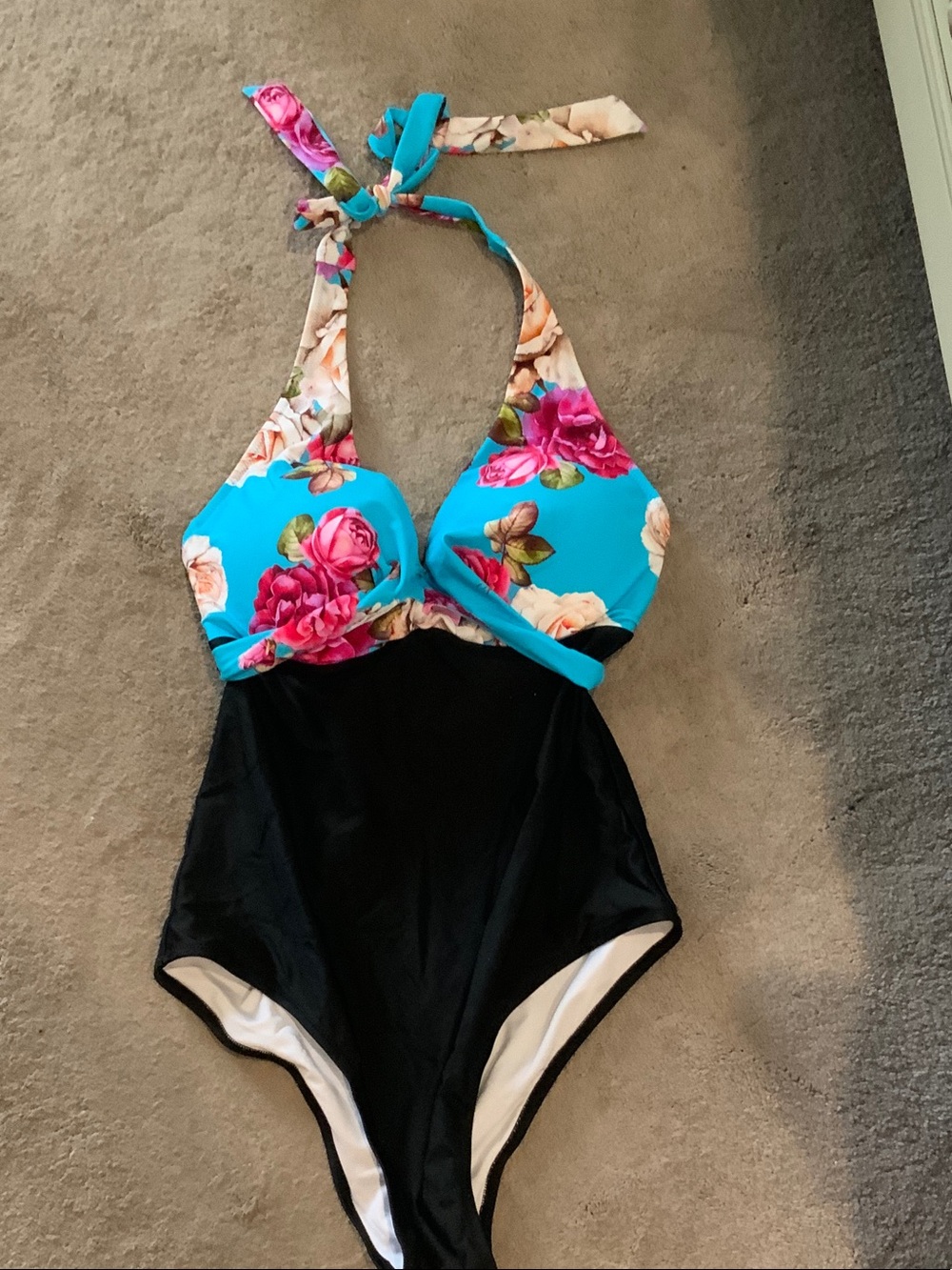 Cupshe Turquoise Floral & Black Halter One-Piece Swimsuit